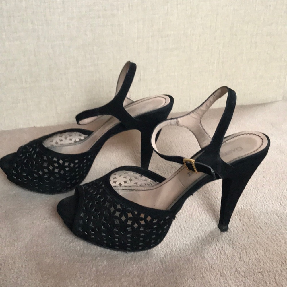 Black Suede Mesh Open Toe Platform Heels - image 1